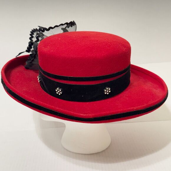 Vtg Doeskin Bollman Co Wool Felt Hat Feather Rhinestone Brim Red Black Feathers main image 5
